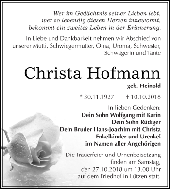 Traueranzeige von Christa Hofmann von WVG - Wochenspiegel Merseburg