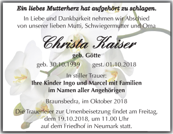 Traueranzeige von Christa Kaiser von Mitteldeutsche Zeitung Merseburg/Querfurt