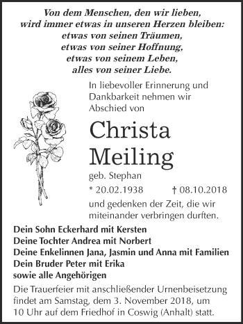 Traueranzeige von Christa Meiling von Super Sonntag Wittenberg