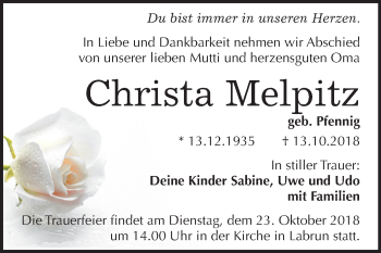 Traueranzeige von Christa Melpitz von Mitteldeutsche Zeitung