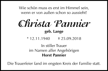 Traueranzeige von Christa Pannier von Mitteldeutsche Zeitung Dessau-Roßlau