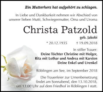 Traueranzeige von Christa Patzold von Mitteldeutsche Zeitung
