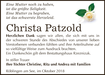 Traueranzeige von Christa Patzold von Super Sonntag SGH Mansf. Land