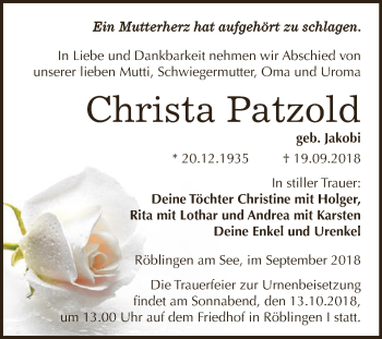 Traueranzeige von Christa Patzold von Super Sonntag SGH Mansf. Land