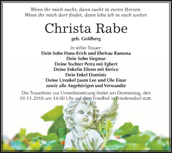 Traueranzeige von Christa Rabe von WVG - Wochenspiegel Merseburg