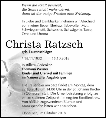Traueranzeige von Christa Ratzsch von WVG - Wochenspiegel Merseburg