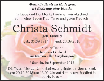 Traueranzeige von Christa Schmidt von WVG - Wochenspiegel Merseburg