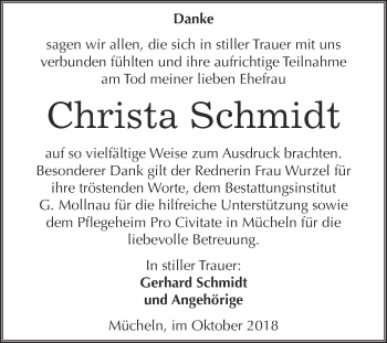 Traueranzeige von Christa Schmidt von WVG - Wochenspiegel Merseburg