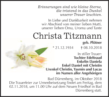 Traueranzeige von Christa Titzmann von Super Sonntag Merseburg
