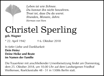 Traueranzeige von Christel Sperling von Mitteldeutsche Zeitung Sangerhausen