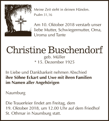 Traueranzeige von Christine Buschendorf von WVG - Wochenspiegel NMB / WSF / ZTZ