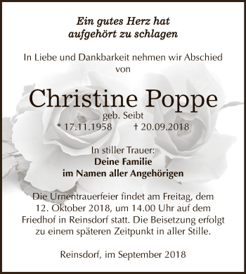 Traueranzeige von Christine Poppe von WVG - Wochenspiegel NMB / WSF / ZTZ