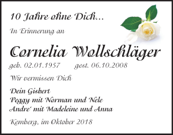 Traueranzeige von Cornelia Wollschläger von Mitteldeutsche Zeitung