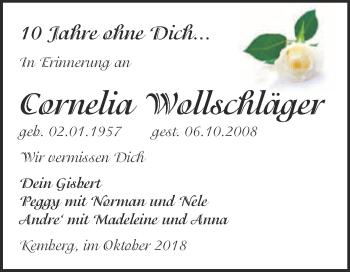 Traueranzeige von Cornelia Wollschläger von Super Sonntag Wittenberg