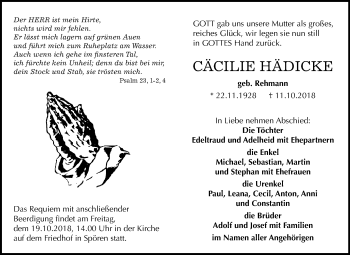 Traueranzeige von Cäcilie Hädicke von Mitteldeutsche Zeitung Bitterfeld