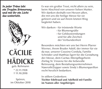 Traueranzeige von Cäcilie Hädicke von WVG - Wochenspiegel Bitterfeld