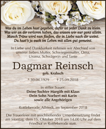 Traueranzeige von Dagmar Reinsch von Super Sonntag SGH Mansf. Land
