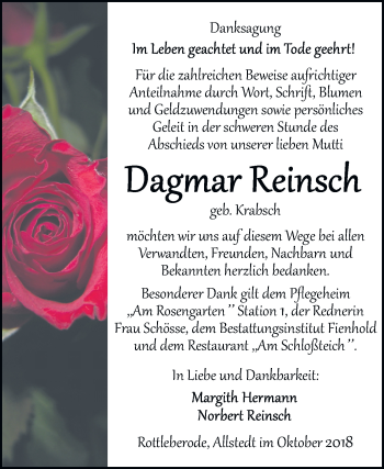 Traueranzeige von Dagmar Reinsch von Mitteldeutsche Zeitung