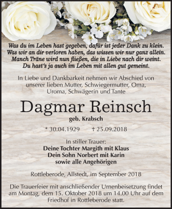 Traueranzeige von Dagmar Reinsch von Mitteldeutsche Zeitung