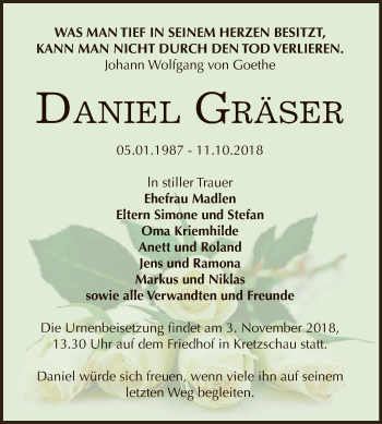 Traueranzeige von Daniel Gräser von Super Sonntag Zeitz