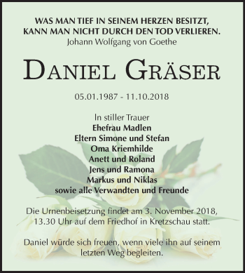 Traueranzeige von Daniel Gräser von Mitteldeutsche Zeitung Zeitz
