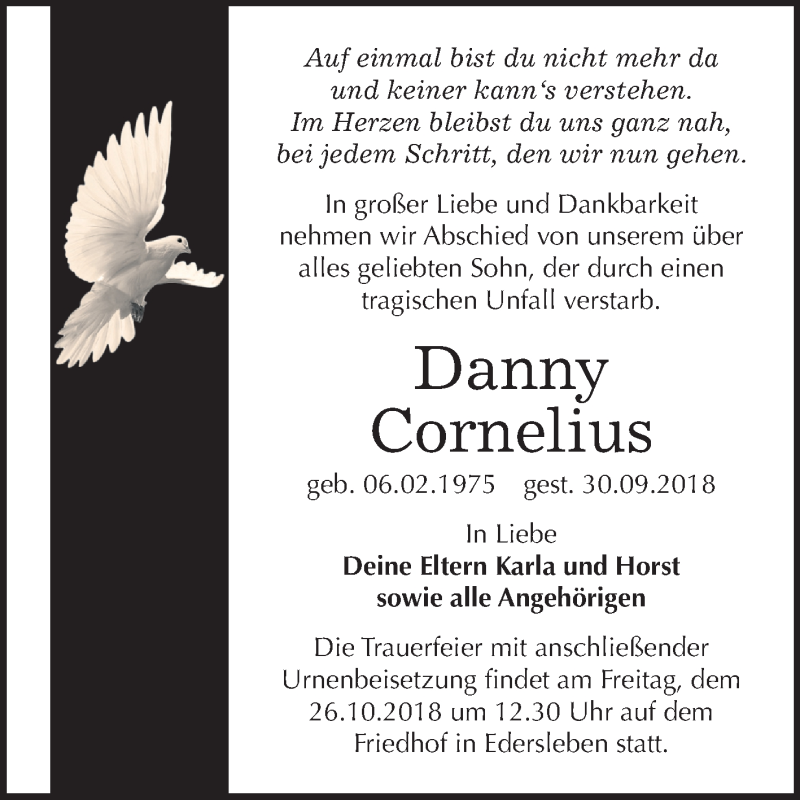  Traueranzeige für Danny Cornelius vom 20.10.2018 aus Mitteldeutsche Zeitung Sangerhausen
