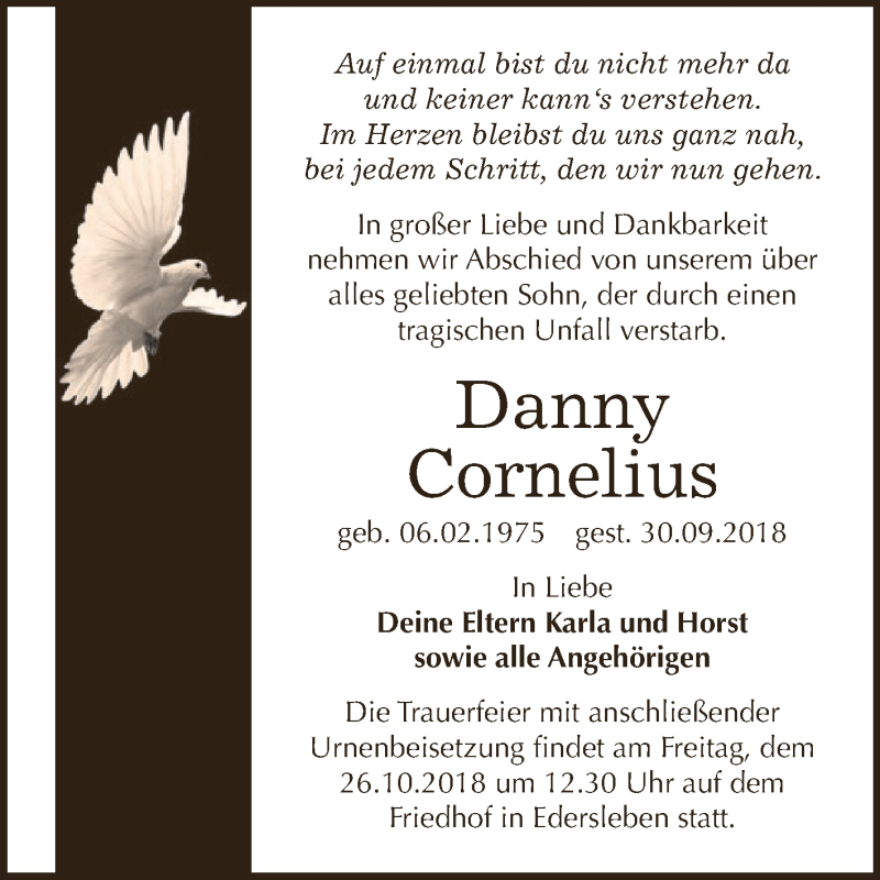  Traueranzeige für Danny Cornelius vom 20.10.2018 aus Super Sonntag SGH Mansf. Land