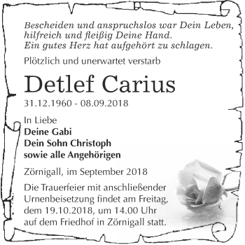 Traueranzeige von Detlef Carius von WVG - Wochenspiegel Wittenberg