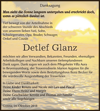 Traueranzeige von Detlef Glanz von Super Sonntag SGH Mansf. Land