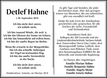 Traueranzeige von Detlef Hahne von Mitteldeutsche Zeitung Quedlinburg