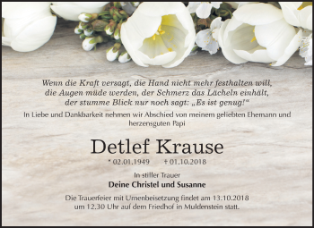 Traueranzeige von Detlef Krause von Mitteldeutsche Zeitung Bitterfeld