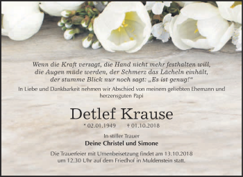 Traueranzeige von Detlef Krause von WVG - Wochenspiegel Bitterfeld