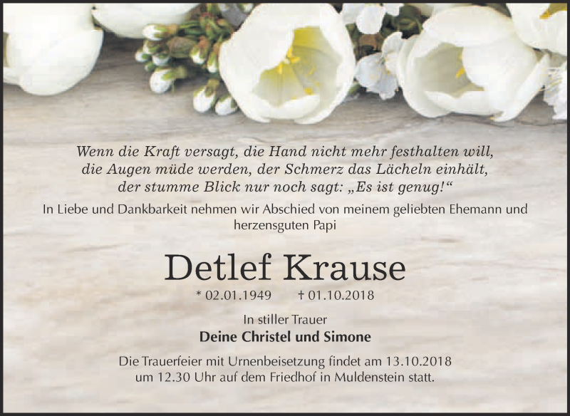  Traueranzeige für Detlef Krause vom 10.10.2018 aus WVG - Wochenspiegel Bitterfeld