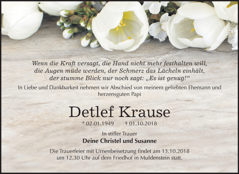  Traueranzeige für Detlef Krause vom 06.10.2018 aus Mitteldeutsche Zeitung Bitterfeld