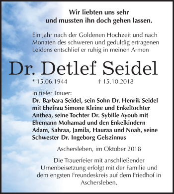 Traueranzeige von Detlef Seidel von Mitteldeutsche Zeitung Aschersleben