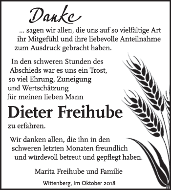 Traueranzeige von Dieter Freihube von Super Sonntag Wittenberg