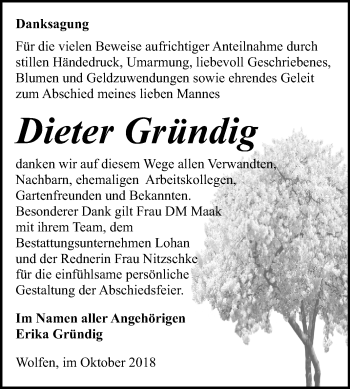 Traueranzeige von Dieter Gründig von Mitteldeutsche Zeitung Bitterfeld