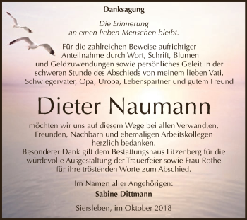 Traueranzeige von Dieter Naumann von Wochenspiegel Mansfelder Land