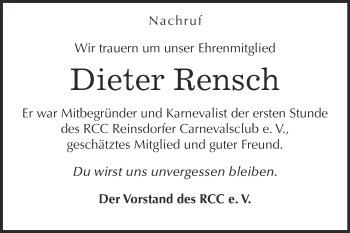 Traueranzeige von Dieter Rensch von WVG - Wochenspiegel Wittenberg