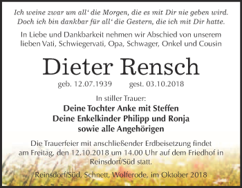 Traueranzeige von Dieter Rensch von Super Sonntag Wittenberg