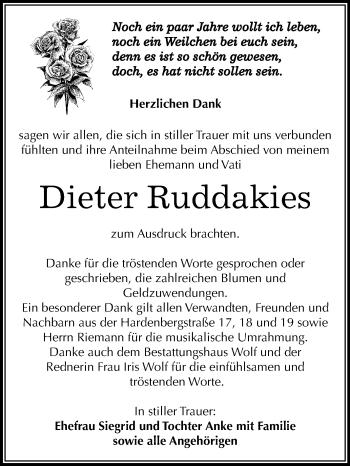 Traueranzeige von Dieter Ruddakies von Mitteldeutsche Zeitung Weißenfels