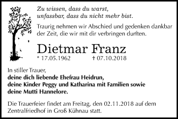 Traueranzeige von Dietmar Franz von Mitteldeutsche Zeitung Dessau-Roßlau