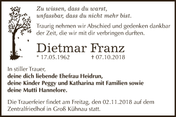 Traueranzeige von Dietmar Franz von WVG - Wochenspiegel Dessau / Köthen