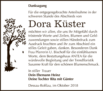 Traueranzeige von Dora Küster von WVG - Wochenspiegel Dessau / Köthen