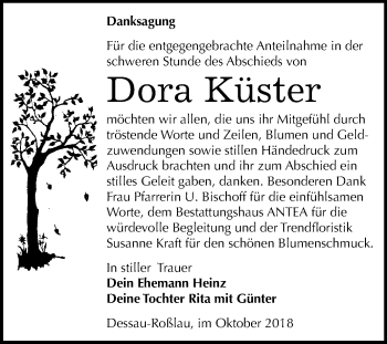 Traueranzeige von Dora Küster von Mitteldeutsche Zeitung Dessau-Roßlau