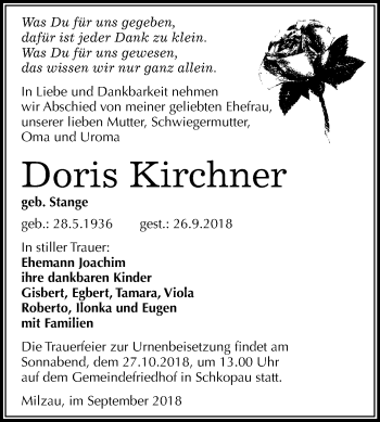 Traueranzeige von Doris Kirchner von WVG - Wochenspiegel Merseburg