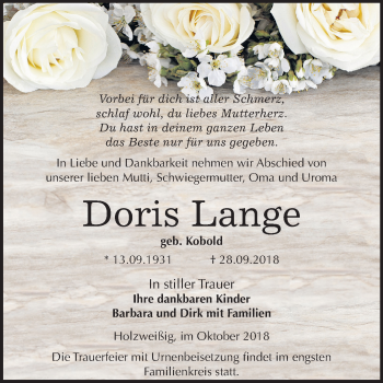 Traueranzeige von Doris Lange von Mitteldeutsche Zeitung Bitterfeld