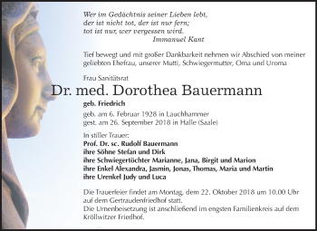 Traueranzeige von Dorothea Bauermann von Mitteldeutsche Zeitung Halle/Saalkreis