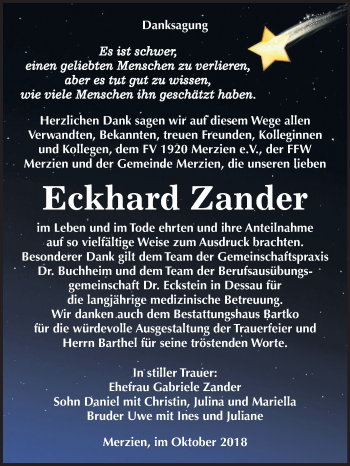 Traueranzeige von Eckhard Zander von Mitteldeutsche Zeitung Köthen