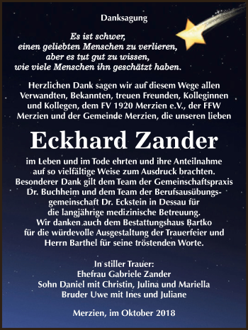 Traueranzeige von Eckhard Zander von WVG - Wochenspiegel Dessau / Köthen